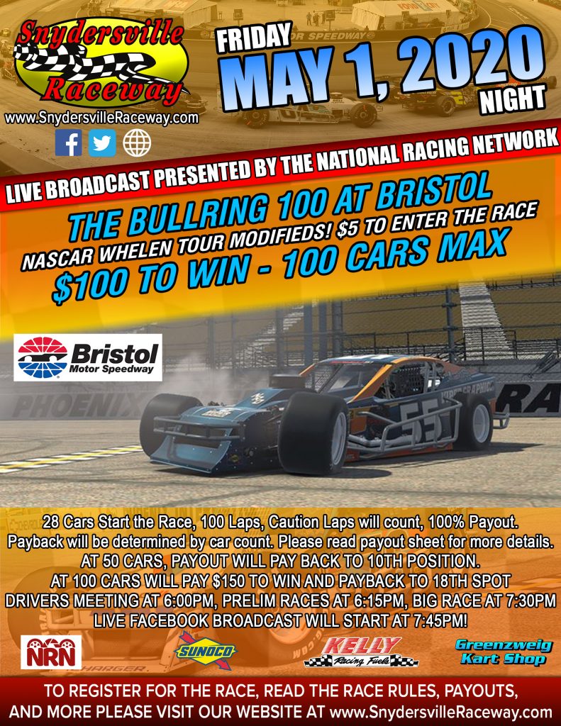 $100 TO WIN Modifieds at Bristol, $50 to win 410 Sprints at Lanier on iRacing this Friday, May 1 Snydersville Raceway